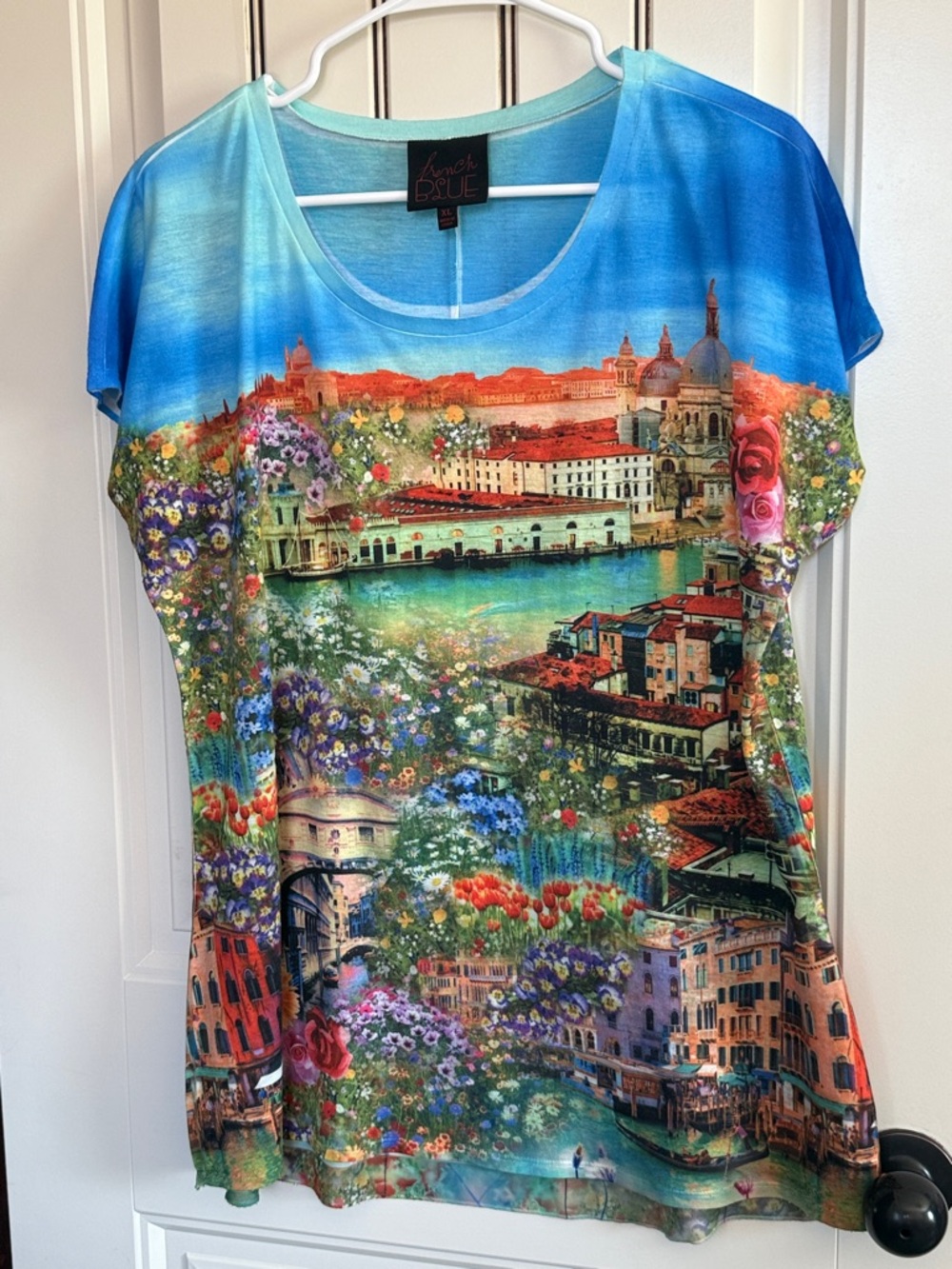 French Blue Vibrant Floral Venice Scenic Scoop Neck Top.  Very Good Condition.
